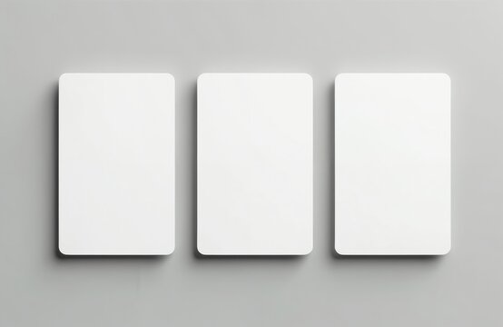 Three blank trading cards mockup with rounded corners isolated on gray background. Cards arranged in a row, ready for design. Perfect for branding product presentation.