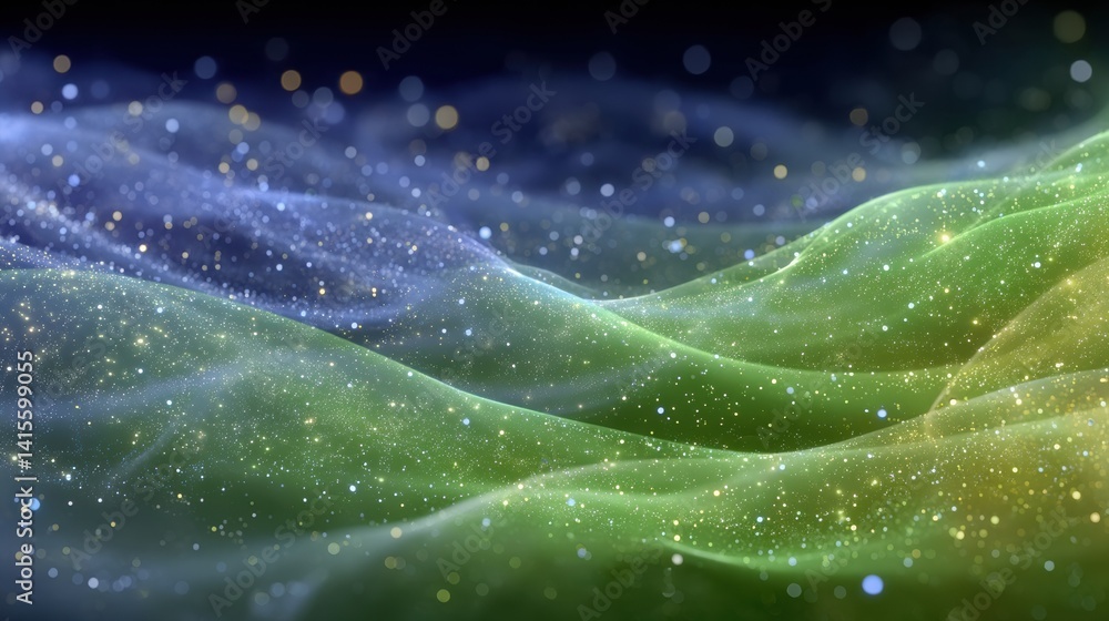 Poster a mesmerizing wave of colors and sparkles, creating a dreamy, ethereal atmosphere in soft hues of bl
