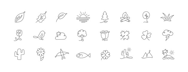 Custom Nature and Landscape Line Icons. Mountains, Trees, Sun, Water, and Outdoor Scenery. Editable Stroke Monoline Style Icons.