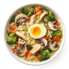 A bowl filled with ramen egg chicken and vegetables isolated on white background