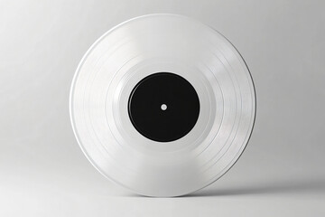 A sleek, silver vinyl record with a black label stands on a minimalist white background.