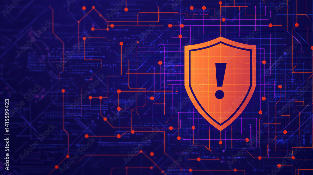 Poster a digital shield icon with an exclamation mark, set against a blue background with intricate circuit
