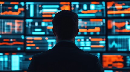 Financial analyst observing real-time market data on multiple screens in a modern office setting