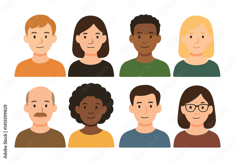 Poster diverse user avatars icon set in flat style for digital profiles and interfaces