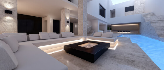 Fototapeta premium Modern open-air lounge area with pool and cozy seating in contemporary architecture
