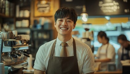 Friendly barista smiles in a cafe