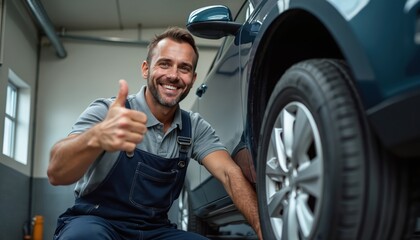 Smiling mechanic showing thumbs up near car wheel. Man in auto repair shop gives like. Technician in uniform happy with service, check, maintenance. Car service station, automobile.