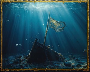 Sunken Shipwreck with Tattered Flag Underwater
