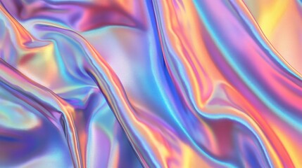 Iridescent abstract fabric features flowing curves with a rainbow reflective sheen