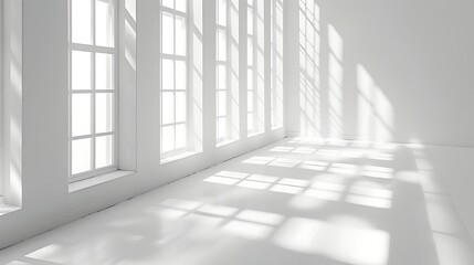Fototapeta premium Empty minimalist white room interior with sunlight streaming through large windows, casting graphic shadows on the floor and walls. Clean architectural background concept. 