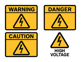 Yellow caution and danger sign icon set with high voltage warnings
