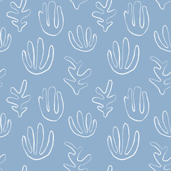 Fototapeta premium Seaweed silhouette seamless pattern on white background. Hand drawn doodle illustration. Underwater sea life summer holiday. Blue seaweed, algae design element set
