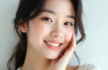 Beautiful Asian teenager in Korean style makeup smiles on white background. Young woman model with healthy skin. Clean face, natural fresh cosmetic look. Copy space. Ideal for beauty industry.