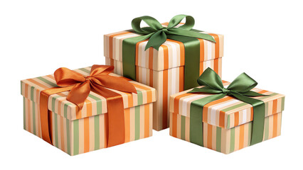 Obraz premium Beautifully wrapped gifts, a delightful surprise of striped boxes tied with orange and green ribbons, a perfect present for any occasion.
