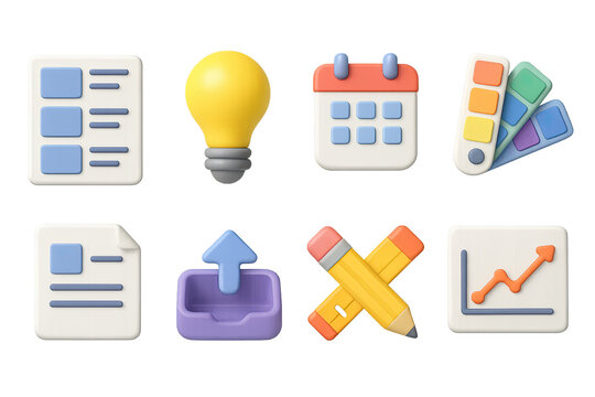 3D icon set of content creation: storyboard, idea bulb, calendar, color palette, draft sheet, publish icon, edit tools, analytics graph. 3d icon. Generated icons set of 3d style in a modern design.