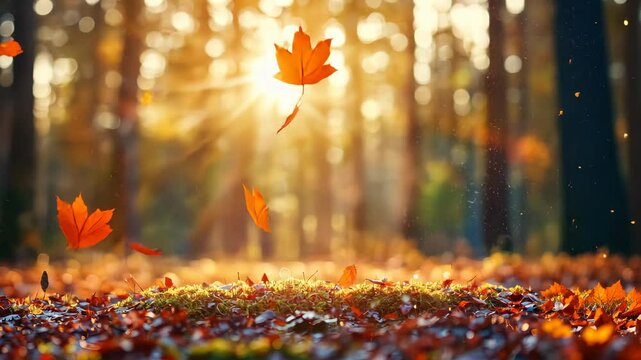 Golden Hues of Autumn: Capture the essence of the season with a breathtaking view of falling leaves in the golden glow of autumnal sunshine, creating an atmosphere of serenity.