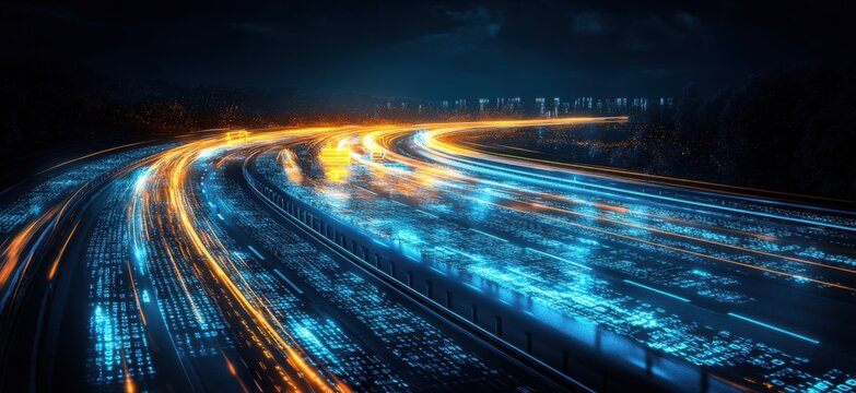High-tech transportation with data visual effects. Modern truck driving through a digitized network environment