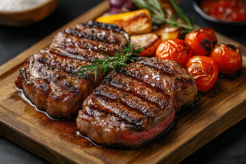 Sizzling steak on grill, charred crust, grill marks, juicy center, smoky aroma, ready to be served with a side of vegetables, outdoor BBQ setting.