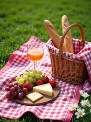 Picnic flat lay with fruits, wine and checkered blanket
