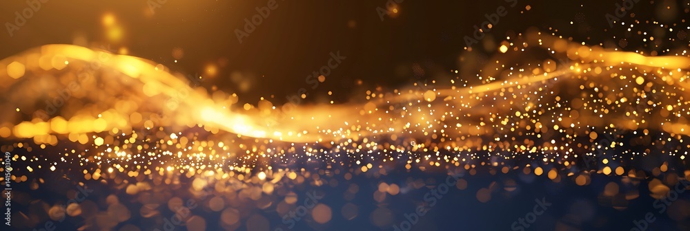 Poster abstract background with flowing waves of sparkling golden particles and bokeh effect. luxurious, el