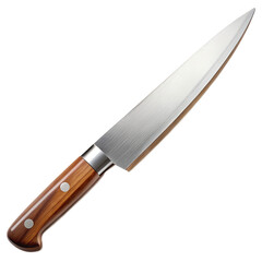 A shiny kitchen knife with wooden handle isolated on transparent background