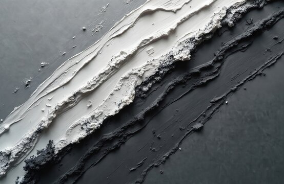 Abstract image of texture with white paint and black ink. Macro shot of spackling paste, stroke wallpaper for web design. Drywall mud art. Smear of painterly plaster on cardboard.