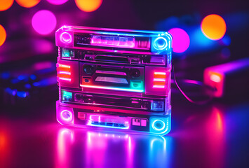 Obraz premium Stray cassette tape in neon Retro audio close - up a Vintage Cassette Tape Vibrant Neon Pink Blue Glow , reflecting a dark glowing with vibrant neon lights on a reflective surface in a dark room.