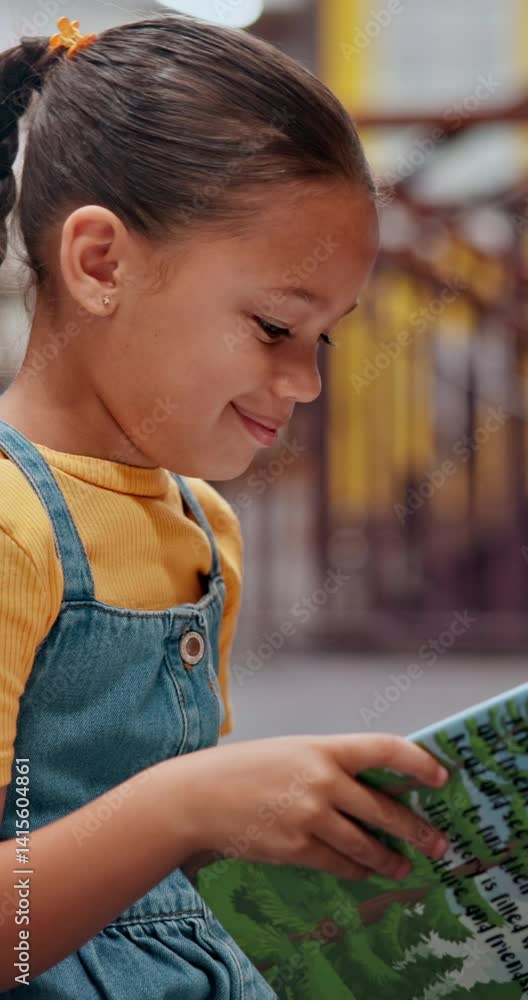 Poster happy, child and student with reading book in library for knowledge, fantasy story and language deve