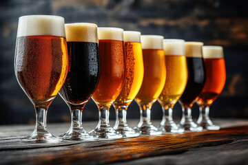 Row of beer glasses filled with various types of beer, each distinct in color and foam, set on a wooden bar counter, with a blurred background of a bustling brewery.