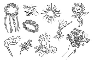 Hand drawn midsummer and solstice doodles featuring flowers, insects, sun, and bonfire elements. Celebration of nature, light, and seasonal rituals with floral crowns and symbolic summer imagery
