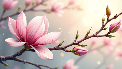 Obraz premium Magnolia flower in bloom with soft background and buds on a branch illuminated by warm light