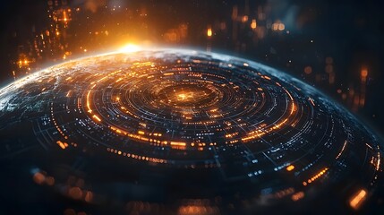 Futuristic digital financial network orbiting the globe