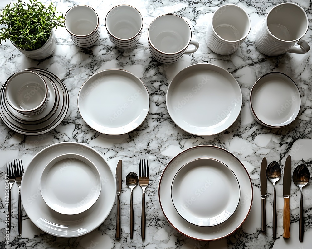 Poster a clean kitchen counter mockup with empty plates cups and utensils arranged neatly on a marble backg