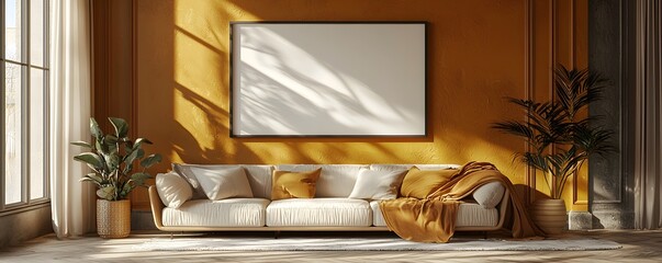 Cozy living room mockup with blank frame and warm lighting