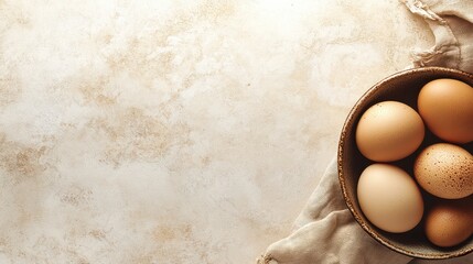 Eggs in a Bowl: A rustic brown bowl filled with six fresh, brown eggs, arranged in a simple and appealing manner. The eggs, a symbol of new life, are ready for baking, cooking.