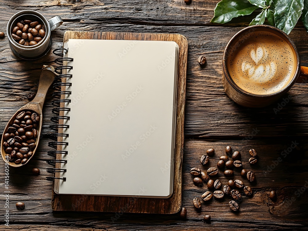 Poster rustic coffee themed workspace with notebook and scattered beans