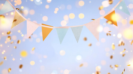 Colorful bunting flags hang against blue sky, creating festive atmosphere with confetti
