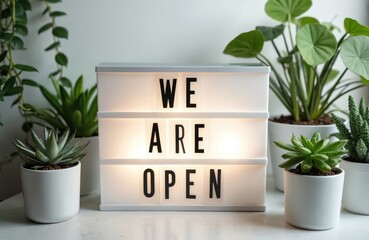 Light box sign with message OPEN. Signboard amid plants, indicating business launch after shutdown. Green plants add contrast to white sign. Informative advertising for store reopening. Small