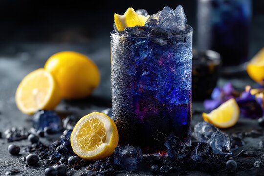 A refreshing blue cocktail with ice cubes and lemon garnish, offering a vibrant and cool drink perfect for a summer day with a touch of elegant presentation.