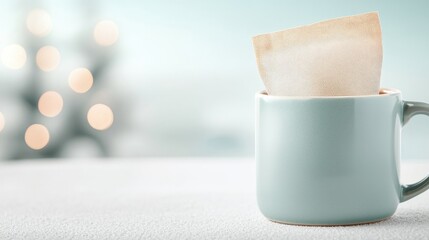 Light teal mug with a paper packet inside, on a snowy surface, soft bokeh background