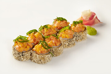 Tempura sushi rolls with spicy salmon and mango toppings presenting delicious japanese cuisine