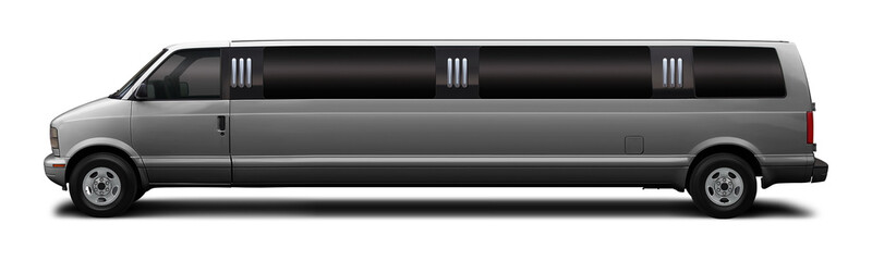 Small classic minibus limousine gray color, side view and isolated on white background.