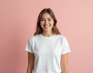 Fototapeta premium Young woman poses for t-shirt mockup. Brunette female wears blank white tee. Smiling model in casual attire on pink background. Simple, clean design for apparel template.