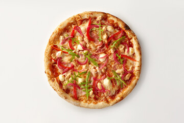 Delicious pizza with chicken, red onion, arugula, and mozzarella on white background
