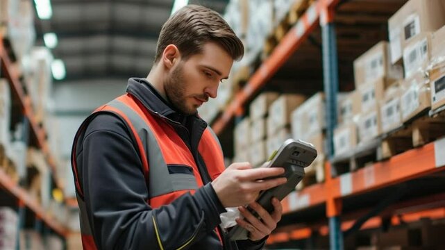 Focused worker in a warehouse using a handheld barcode scanner among shelves of stock.