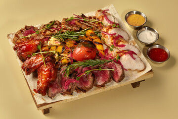 Delicious grilled meat platter with various dips and garnish on yellow background