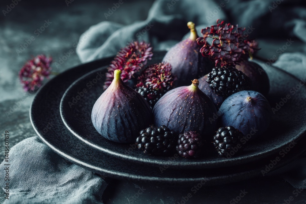 Poster delicious fresh figs and blackberries arranged on a plate with dark moody background creating an inv