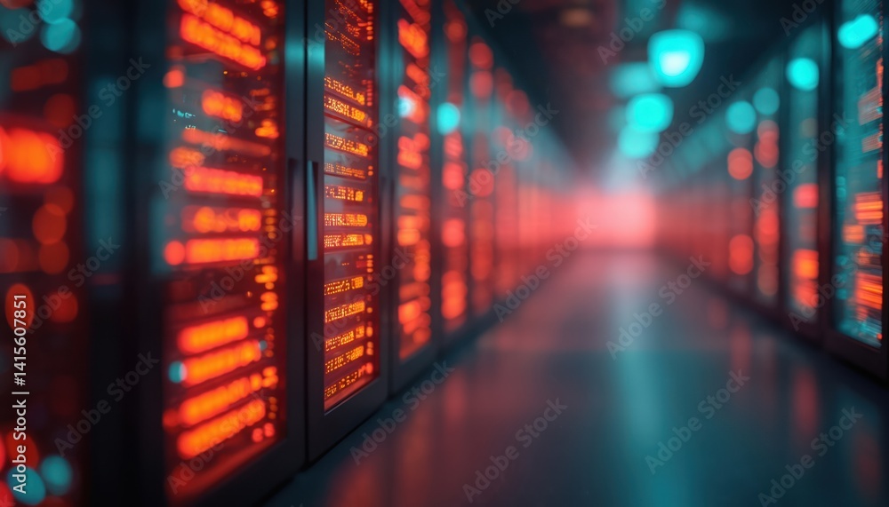 Poster data center servers illuminated in red, blue neon lights. business finance tech background. network 