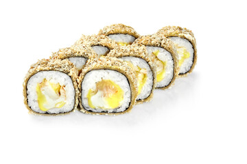 Tempura hot sushi rolls with cream cheese and salmon filling on white background