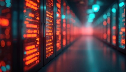 Data center servers illuminated in red, blue neon lights. Business finance tech background. Network database servers, data processing, digital information storage. Modern technology. Cyberspace.